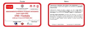 ABBONAMENTO MENSILE STUDENTI SOPRA SOGLIA INTEGRATO CTM TRENITALIA euro 42